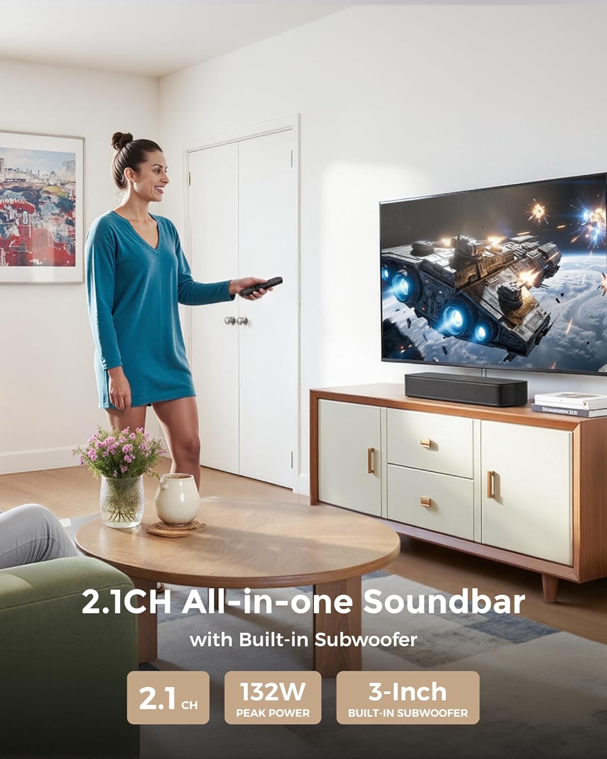 ULTIMEA 2.1ch Surround Sound Bar for TV, Built-in Subwoofer, Peak Power 132W, App Control, 16 Inches Bluetooth 5.4 TV Speakers Soundbar, All-in-one PC Soundbar, Opt/AUX/Wall Mount, Poseidon M20 Pro - Image 2