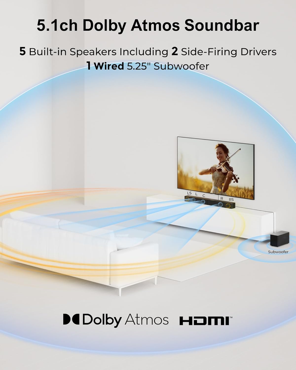 ULTIMEA 5.1CH Surround Sound Bar with Subwoofer, Dolby Atmos, VoiceMX, BassMX, APP, 300W Soundbar for Smart TV, Home Theater Surround Sound System for TV, Bluetooth 5.4, Poseidon M60 (2026 Model) - Image 3